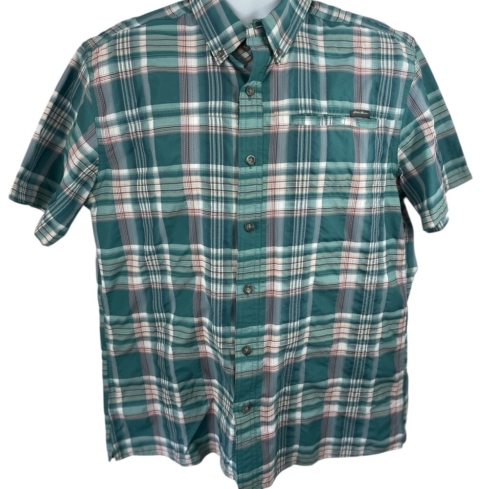 Eddie Bauer Fishing Green Plaid Button-Down Short‎ Sleeved Shirt, Size Medium